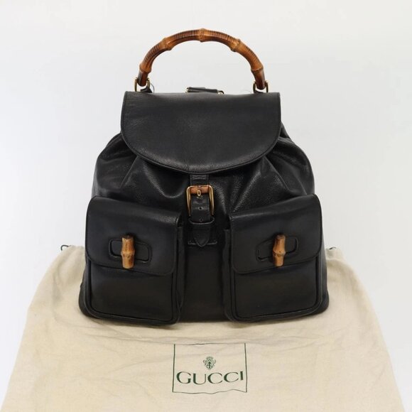 GUCCI Bamboo Backpack Leather Black Gold 003 main image 12